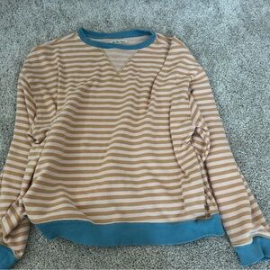 We The Free Cream and Tan Striped Crew Sweater with Blue Trim